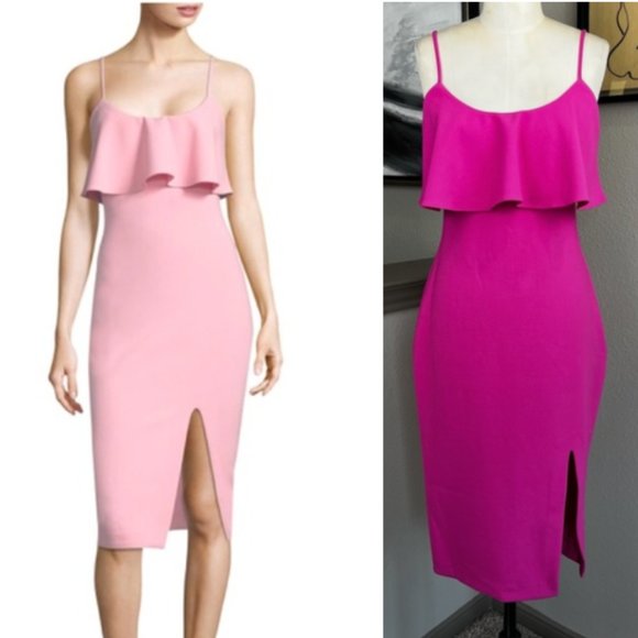 LIKELY flamingo pink Dionne ruffle overlay front slit midi dress - Picture 1 of 8